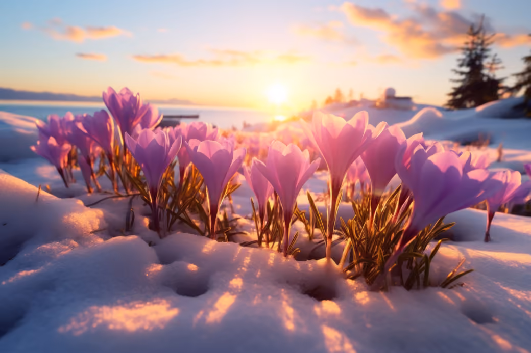 First snowdrops in the snow at dawn — desktop and phone wallpaper, free download