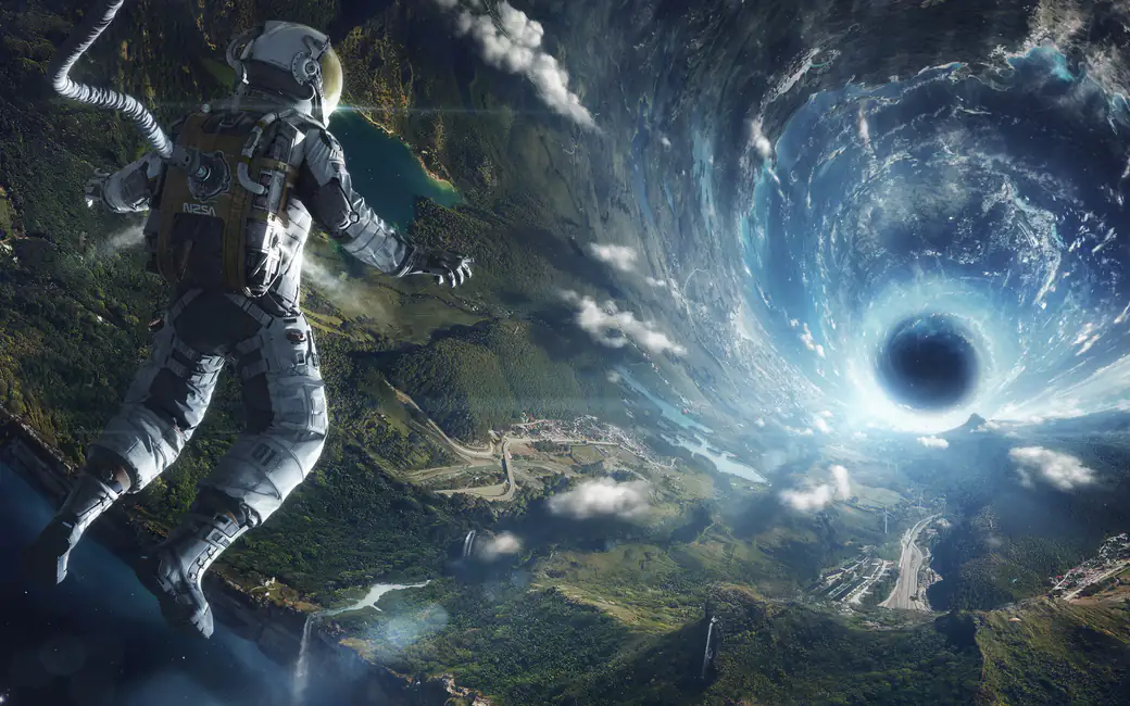 Astronaut floating near a black hole above Earth — desktop and phone wallpaper, free download