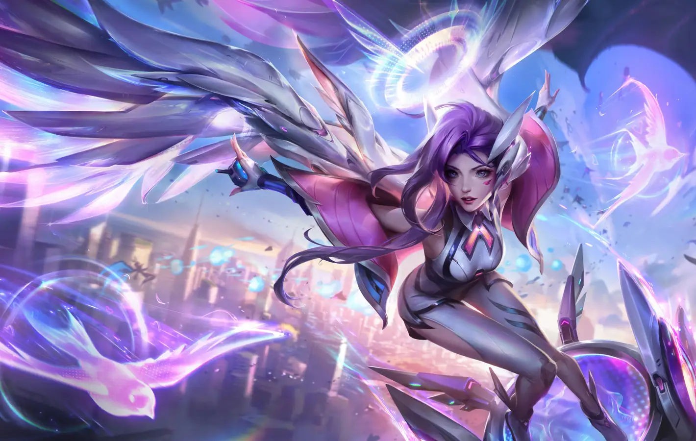 Seraphine from League of Legends flying with energy wings — desktop and phone wallpaper, free download