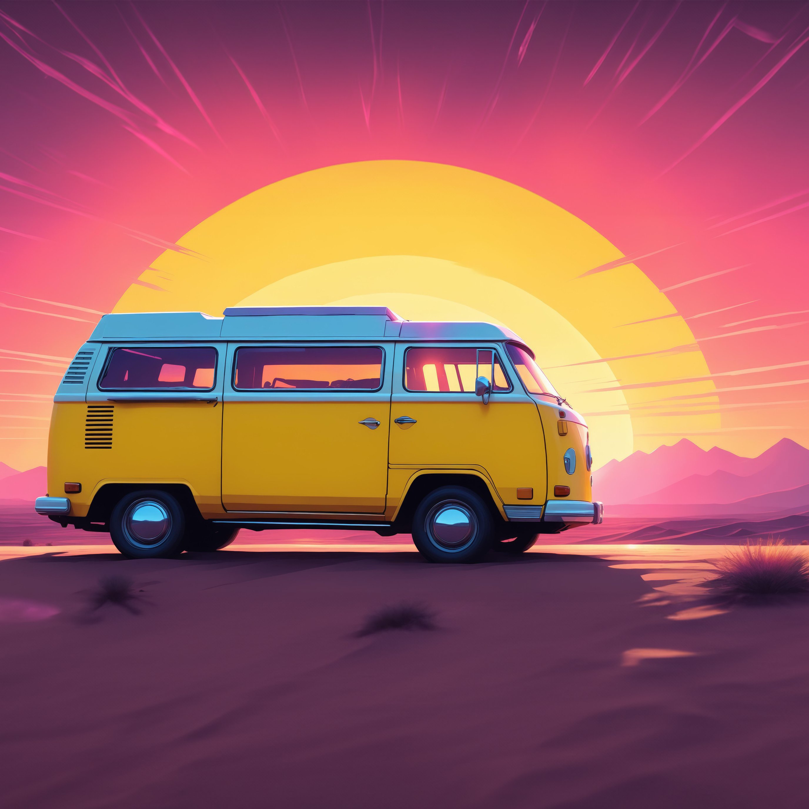 Желтый Volkswagen T2 на фоне заката - Обои для iPad Pro 13″ в разрешении 2752x2752