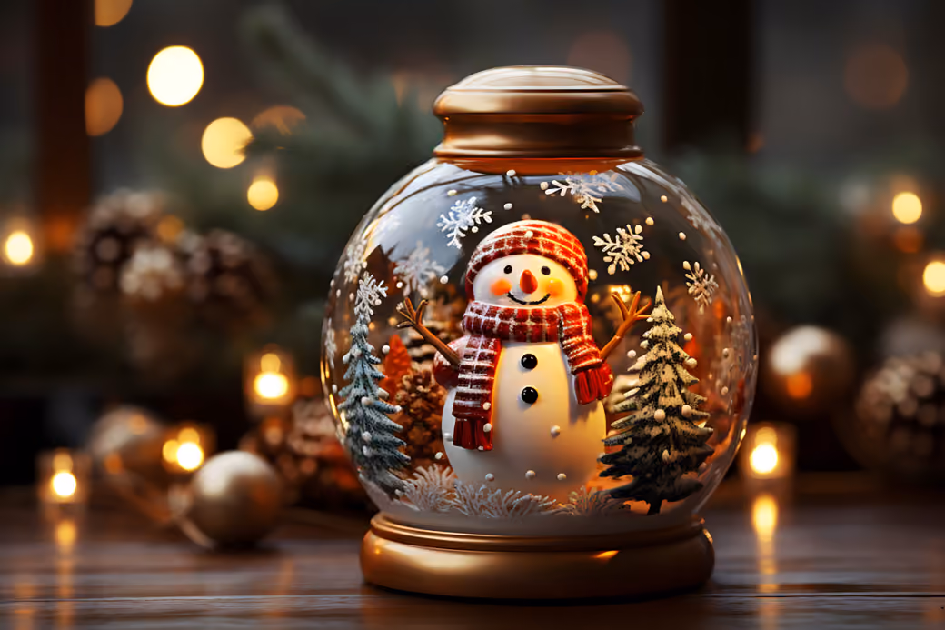 Snow globe with smiling snowman and trees — desktop and phone wallpaper, free download