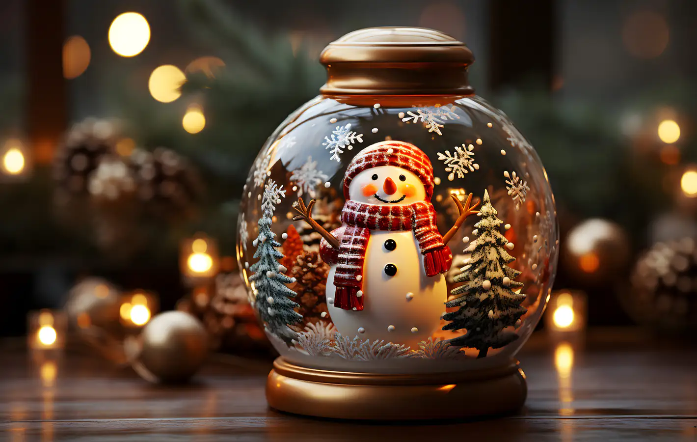 Snow globe with smiling snowman and trees — desktop and phone wallpaper, free download