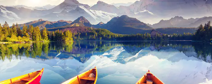 UltraWide 21:9 boat wallpapers (2560x1080): morning, mountains, lake, boat