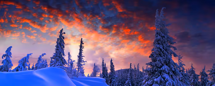 UltraWide 32:9 обои холод (3840x1080): зима, лес, снег, вечер