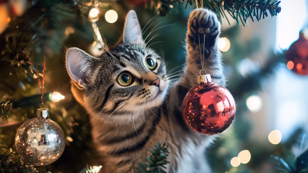 Cat playing with Christmas ornaments on tree — desktop and phone wallpaper, free download