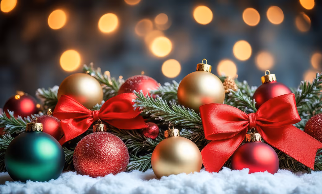 Christmas decorations with balls and bows — desktop and phone wallpaper, free download