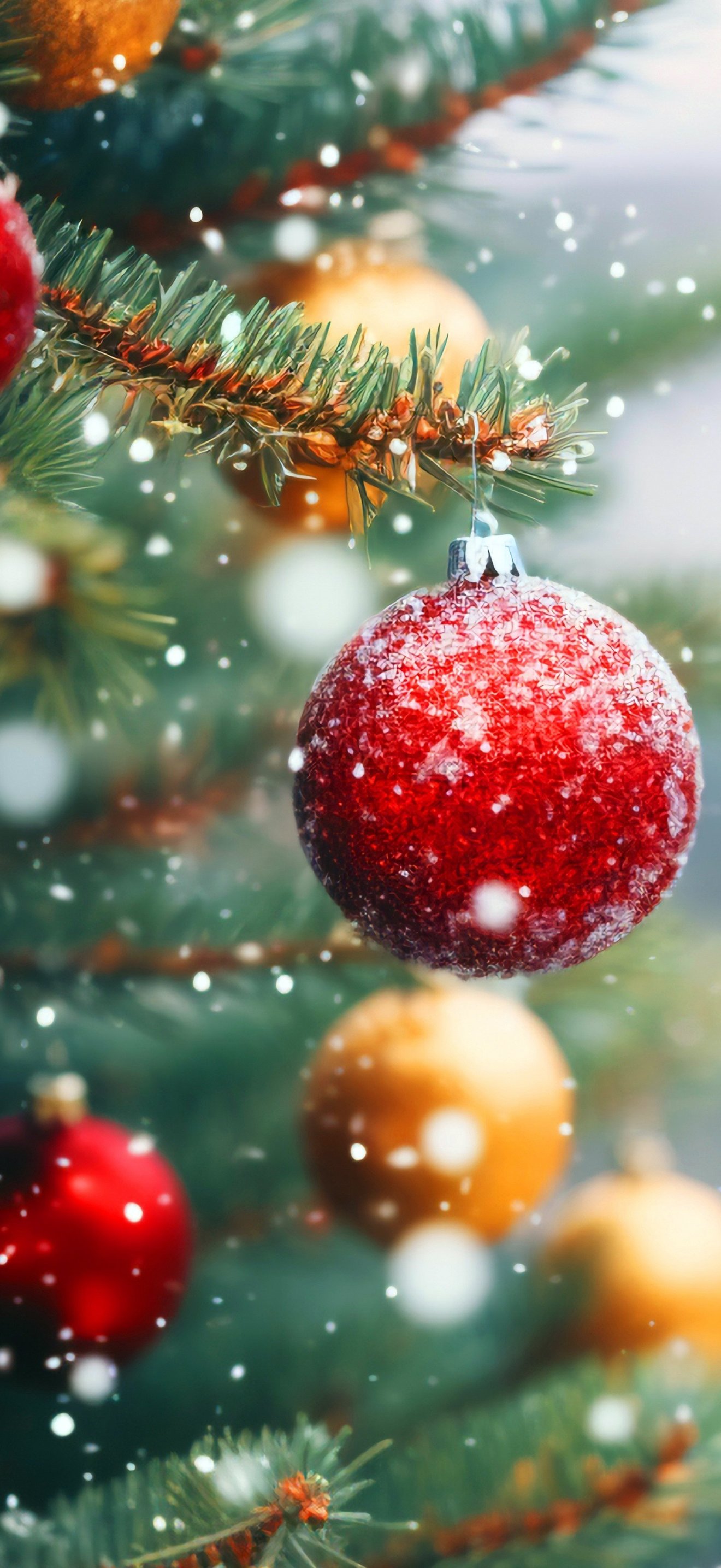 Snow-covered Christmas tree baubles - Wallpapers for iPhone 17 Pro Max/16 Pro Max in 1320x2868 resolution
