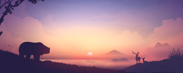 UltraWide 21:9 обои медведь (2560x1080): медведь, олень, закат, горы