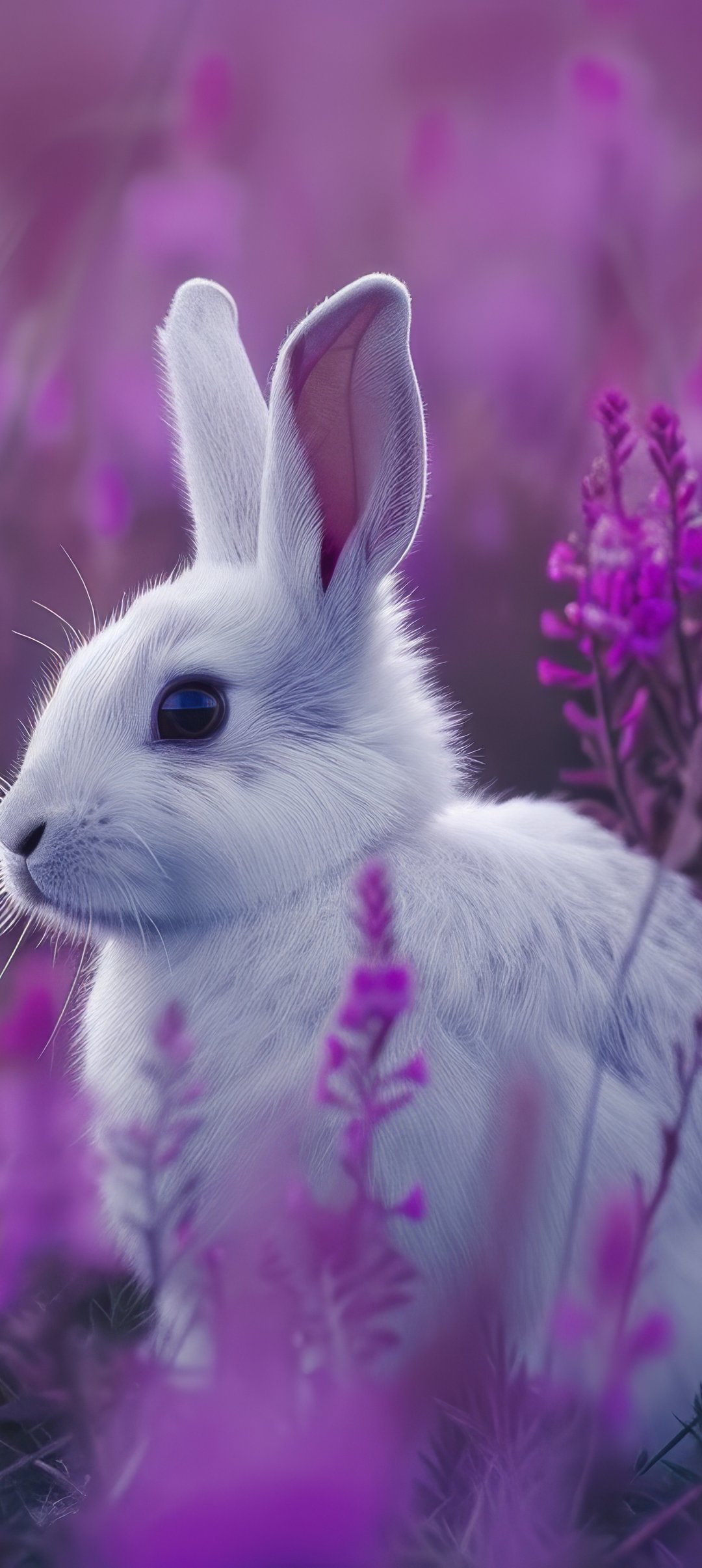 Cute white bunny in purple grass - Wallpapers for Samsung Galaxy A13/A14/A53, Realme 12 Pro 5G, POCO M5 in 1080x2408 resolution