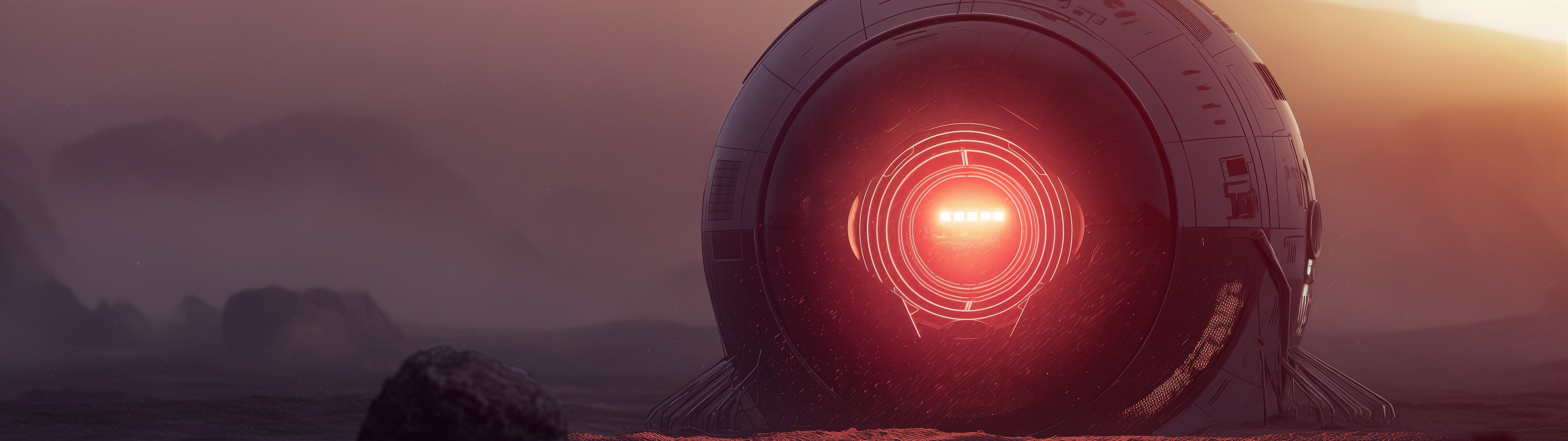 Alien spaceship with glowing red core - UltraWide 32:9 wallpapers in 5120x1440 resolution