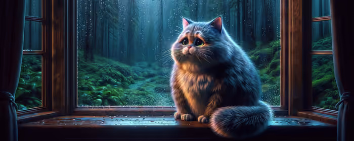 UltraWide 21:9 обои животные (2560x1080): кошка, окно, грусть, лес