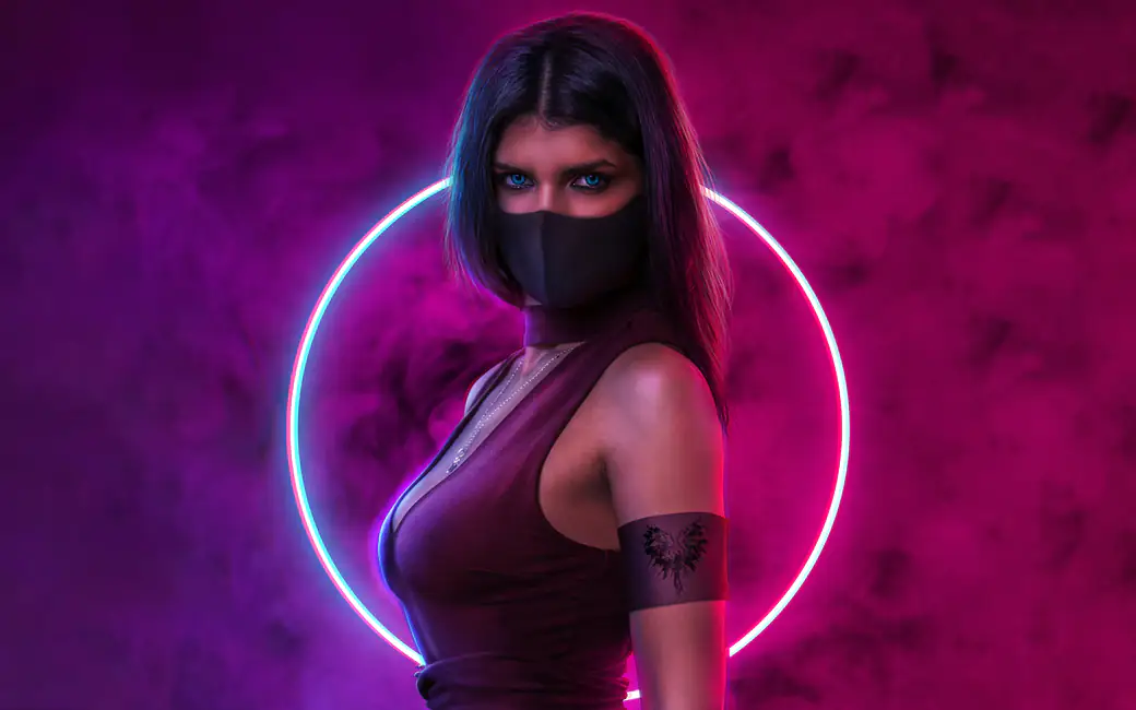 Cyberpunk brunette with neon ring — desktop and phone wallpaper, free download