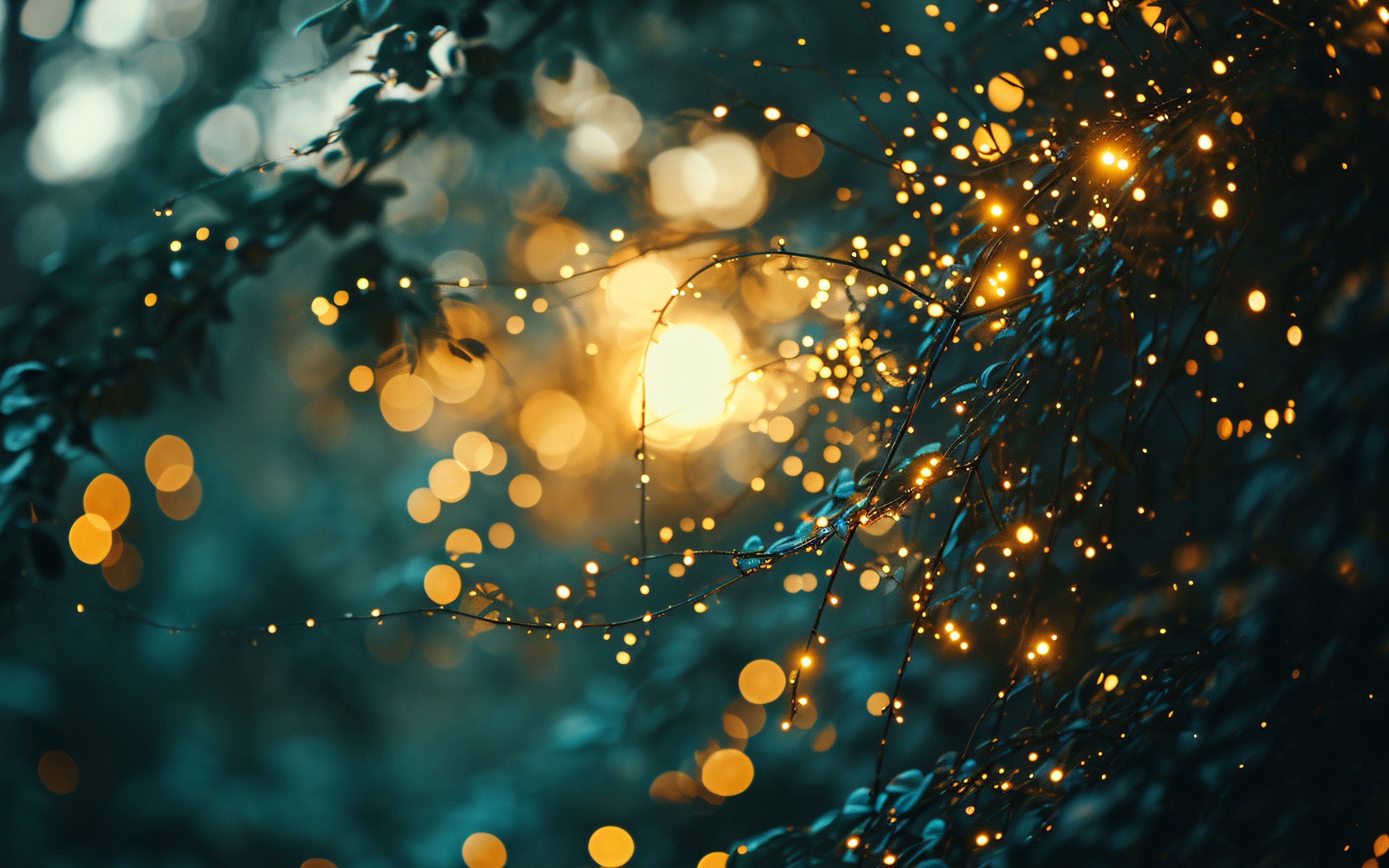 Glowing drops on forest branches at dusk - Wallpapers for Apple MacBook 15″ in 2880x1800 resolution