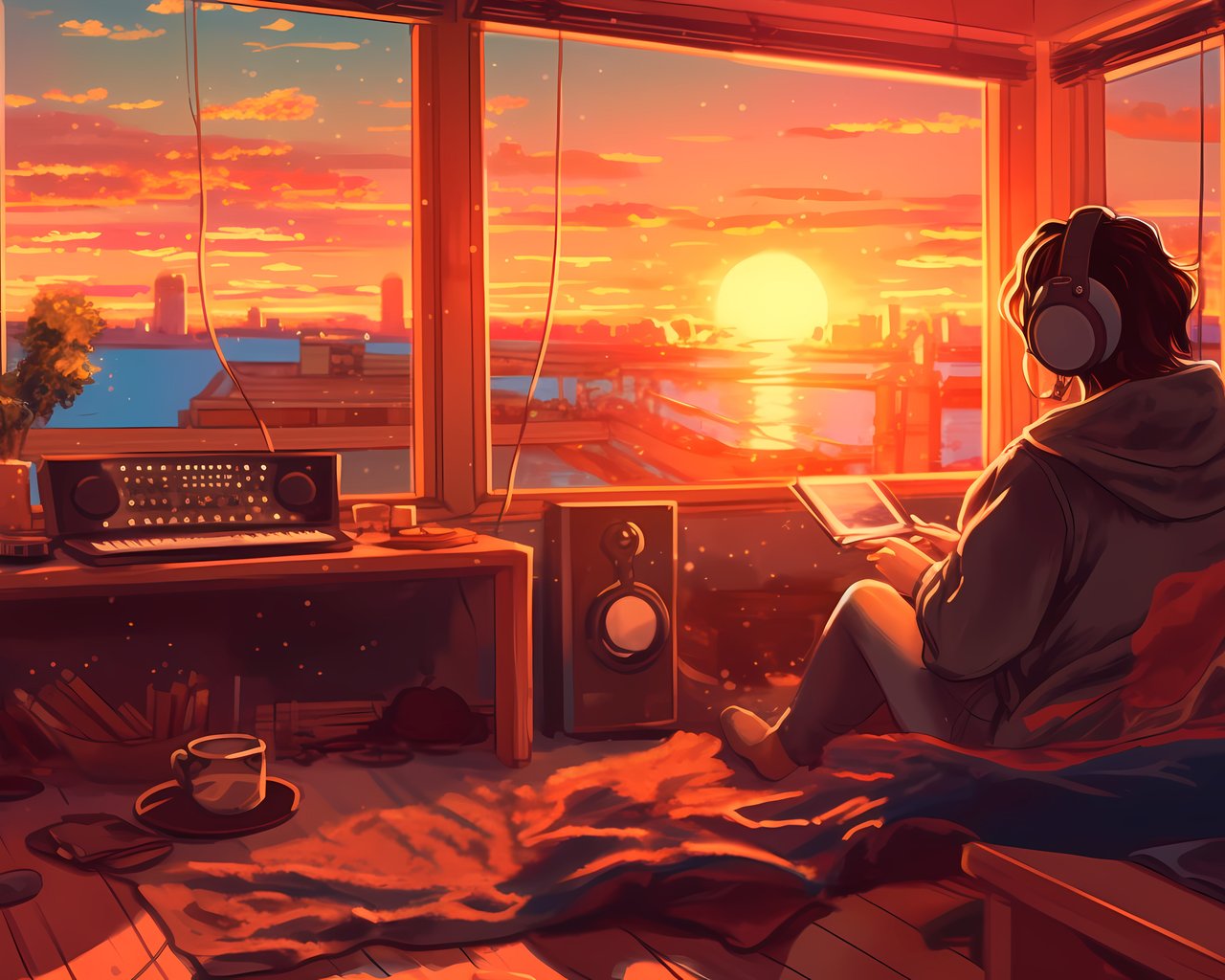 Cozy creative workspace with sunset view - SXGA wallpapers in 1280x1024 resolution