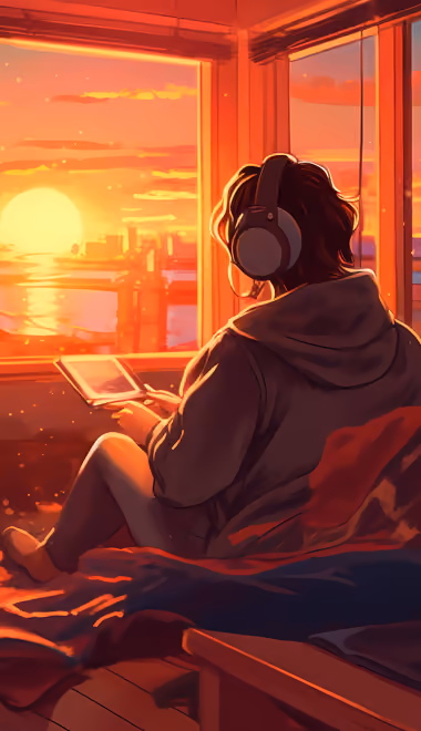 Interior design wallpapers: workspace, sunset, man, headphones