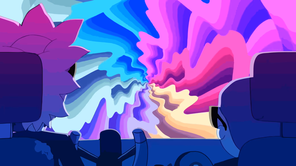 Rick and Morty fly through the portal — desktop and phone wallpaper, free download