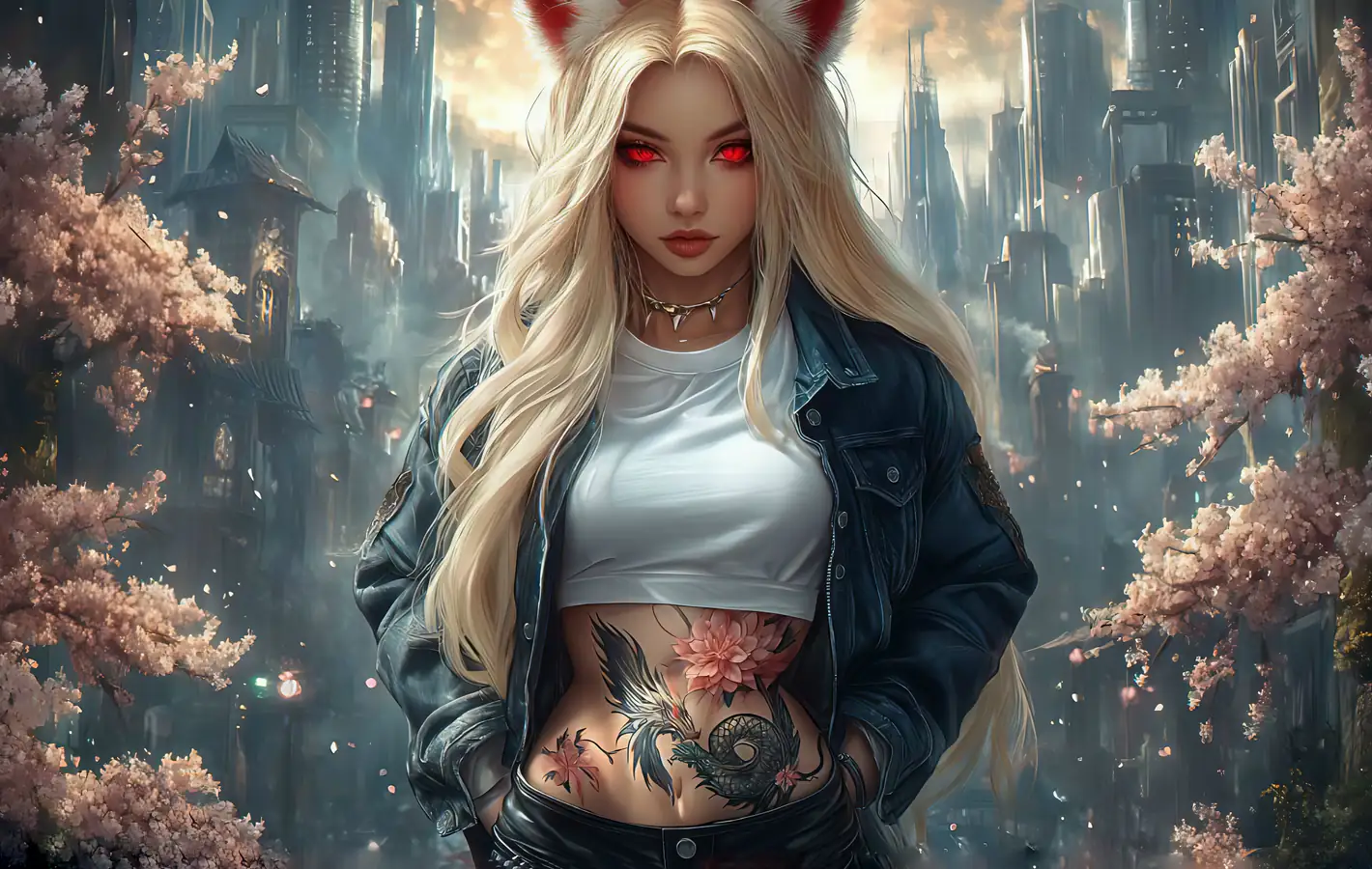 Blonde with fox ears and tattoo — desktop and phone wallpaper, free download
