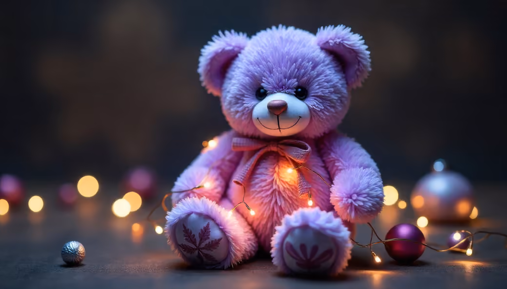 Purple teddy bear with garlands — desktop and phone wallpaper, free download