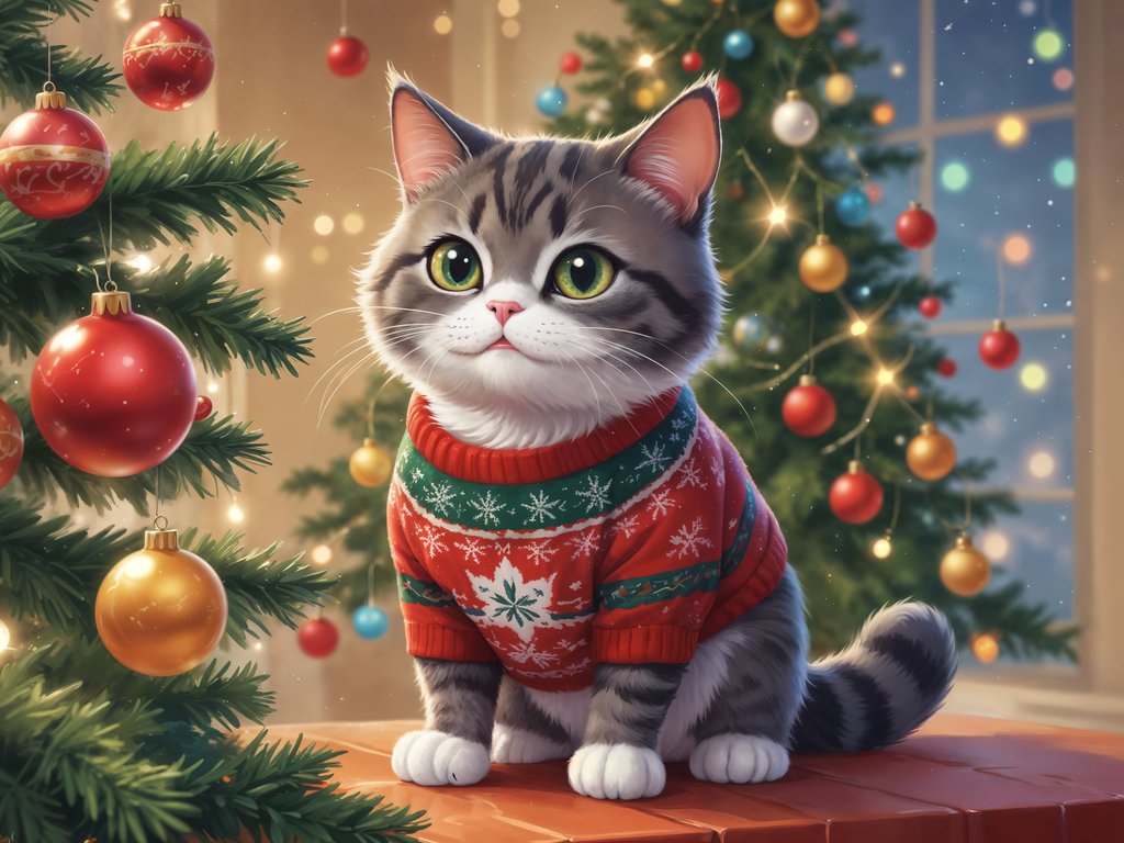 Cute cat in a Christmas sweater - XVGA wallpapers in 1024x768 resolution