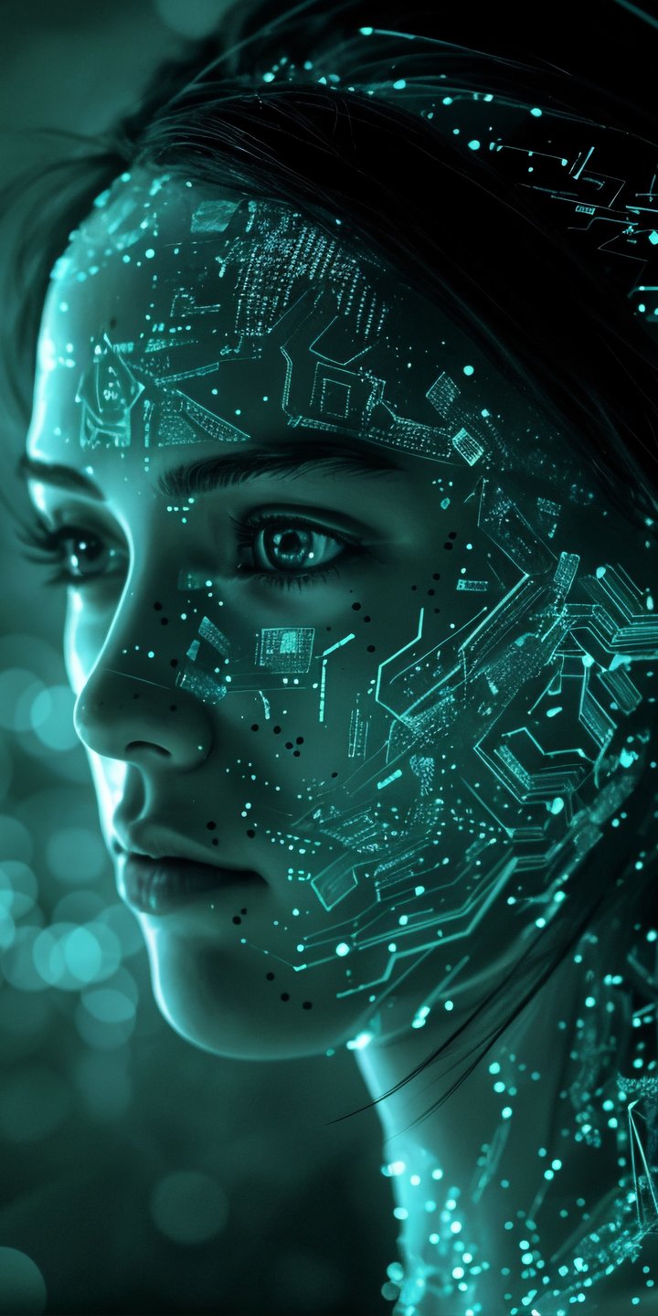 Technological Womans Face - Wallpapers for Samsung Galaxy A03s, Xiaomi Redmi 7A, POCO C3 in 720x1440 resolution