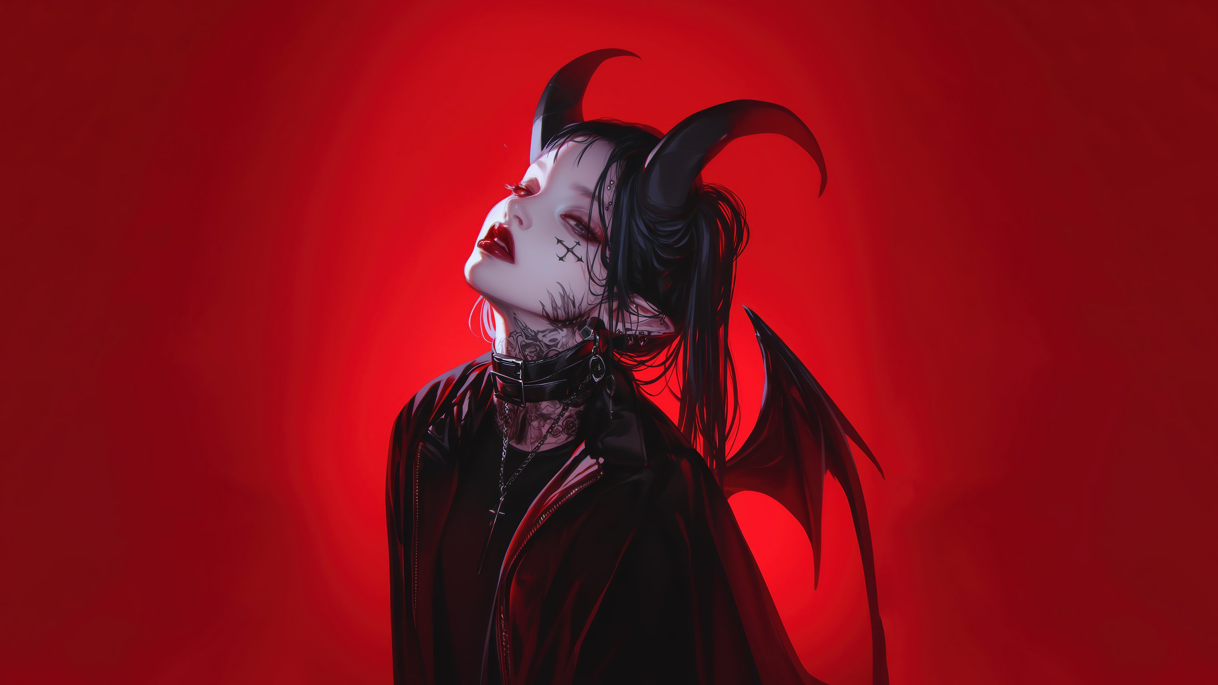 Demon girl with tattoos and black horns - Wallpapers for Apple iMac 21.5″ in 4096x2304 resolution