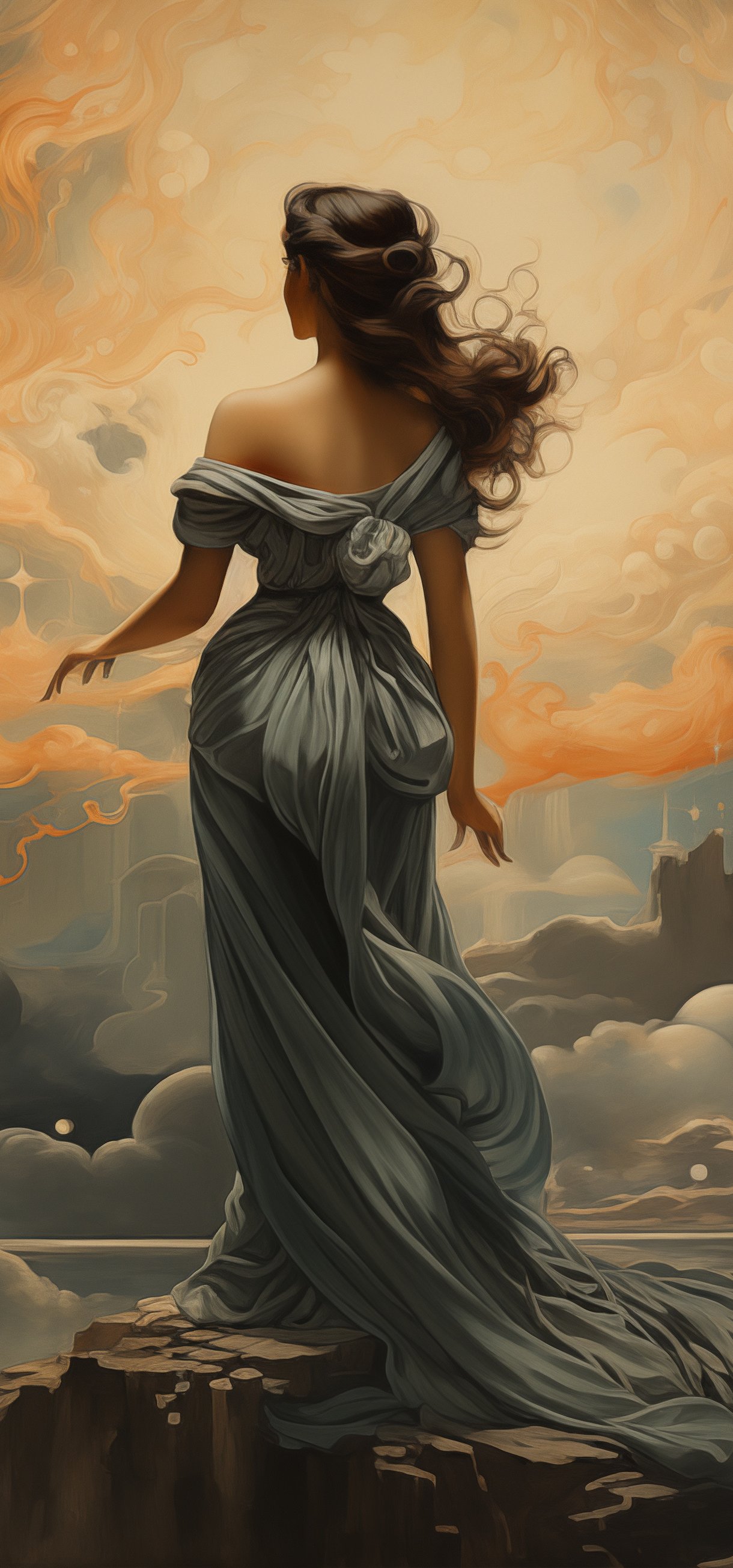 Woman in flowing dress amid cosmic moons - Wallpapers for Xiaomi 17/17 Pro in 1220x2608 resolution