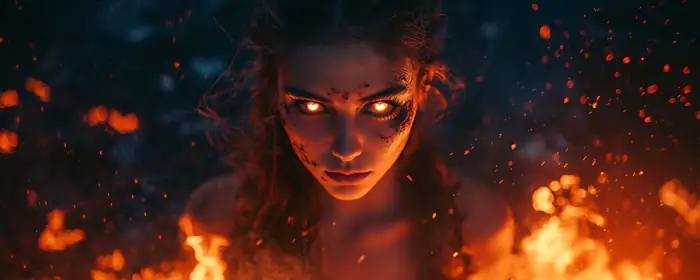 UltraWide 21:9 обои (3440x1440): женщина, огонь, глаза, сияние