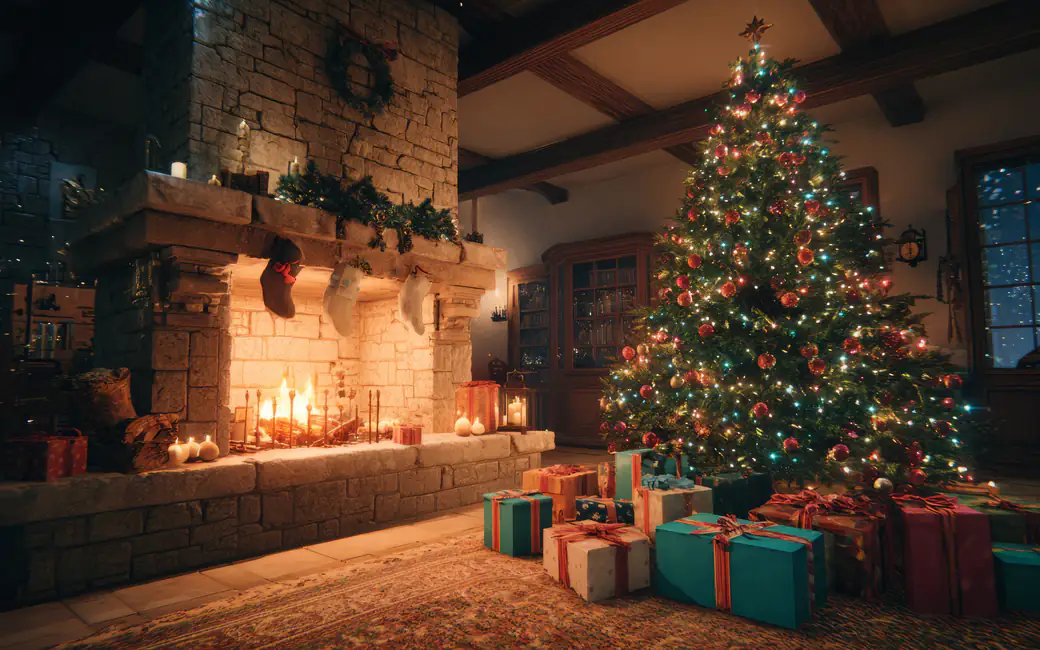 Cozy Christmas tree with fireplace and gifts — desktop and phone wallpaper, free download