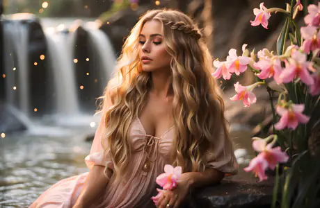 Обои природа: девушка, блондинка, водопад, цветы