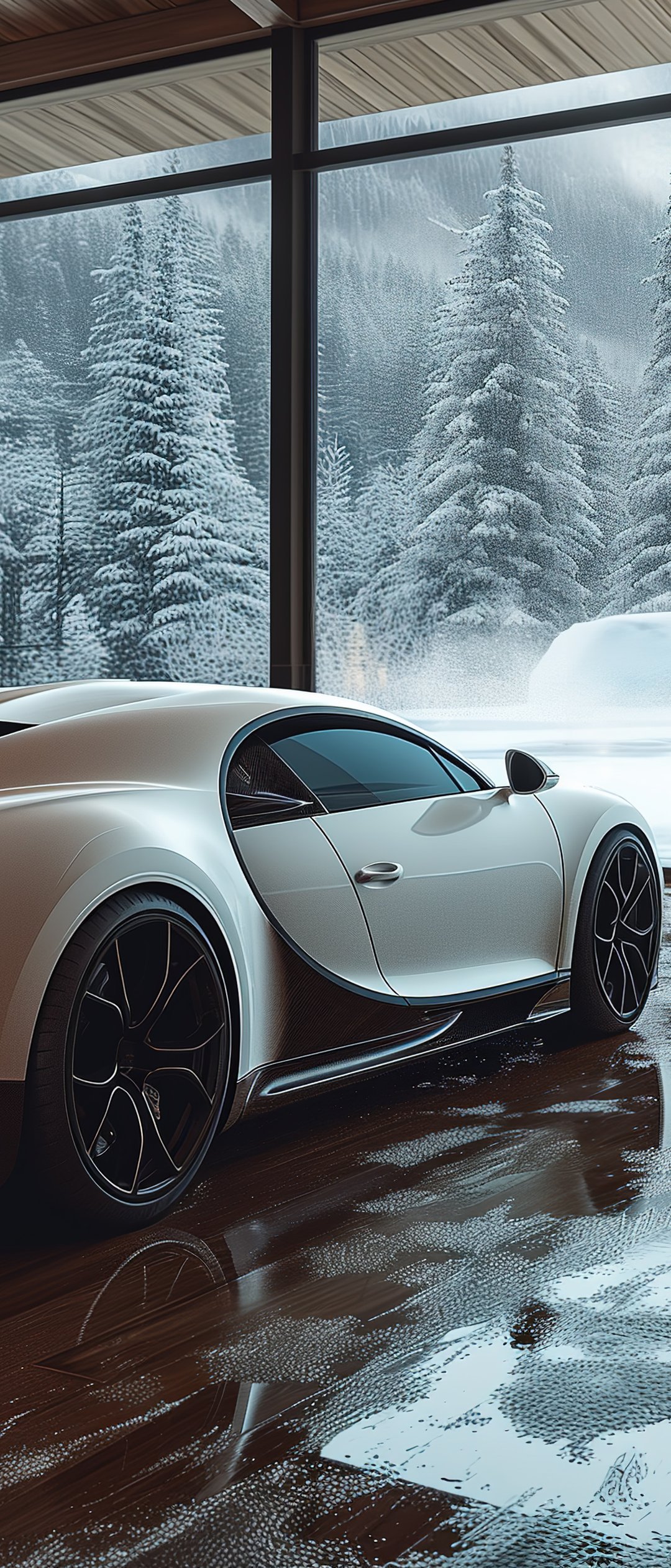 Bugatti Chiron and a cozy house with a fireplace - Wallpapers for Samsung Galaxy Z Flip7, Sony Xperia 5 II/5 III/5 V/10 IV/10 V, Xiaomi Mix Fold 3 in 1080x2520 resolution
