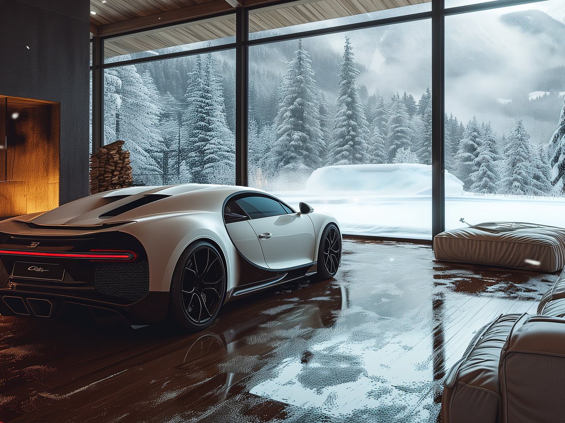 Bugatti Chiron and a cozy house with a fireplace - XGA+ wallpapers in 1152x864 resolution