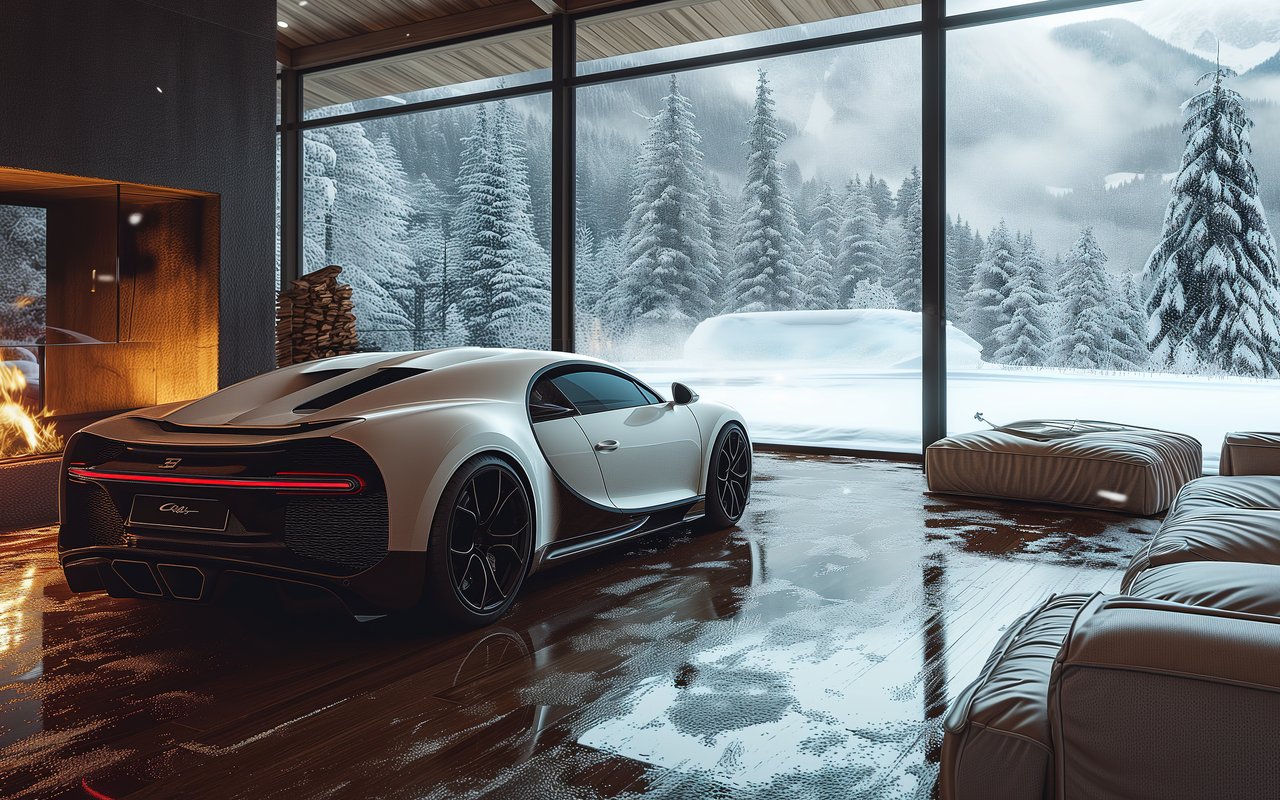 Bugatti Chiron and a cozy house with a fireplace - WXGA_1280 wallpapers in 1280x800 resolution