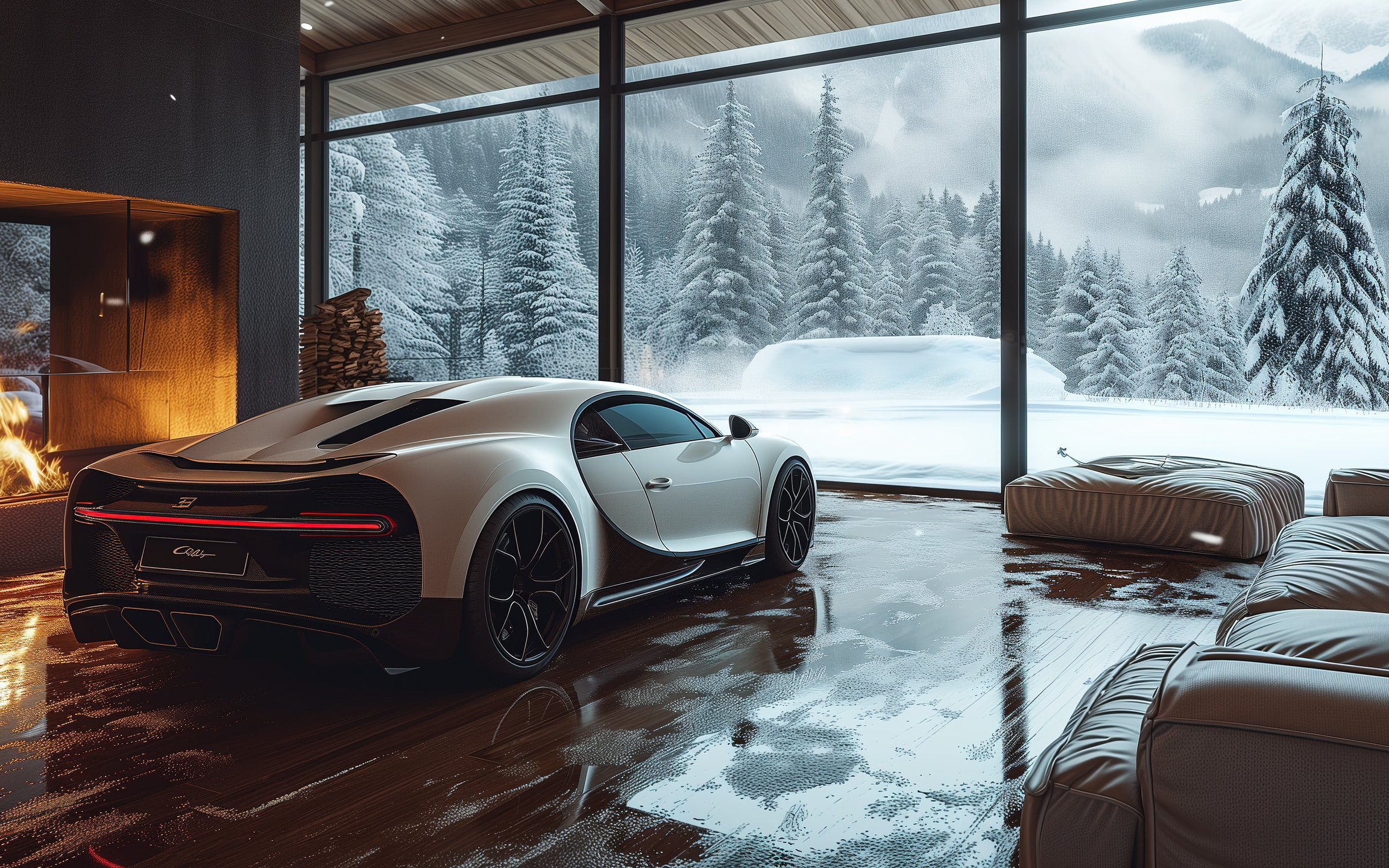 Bugatti Chiron и уютный дом с камином - Обои для Apple MacBook 12″ в разрешении 2304x1440