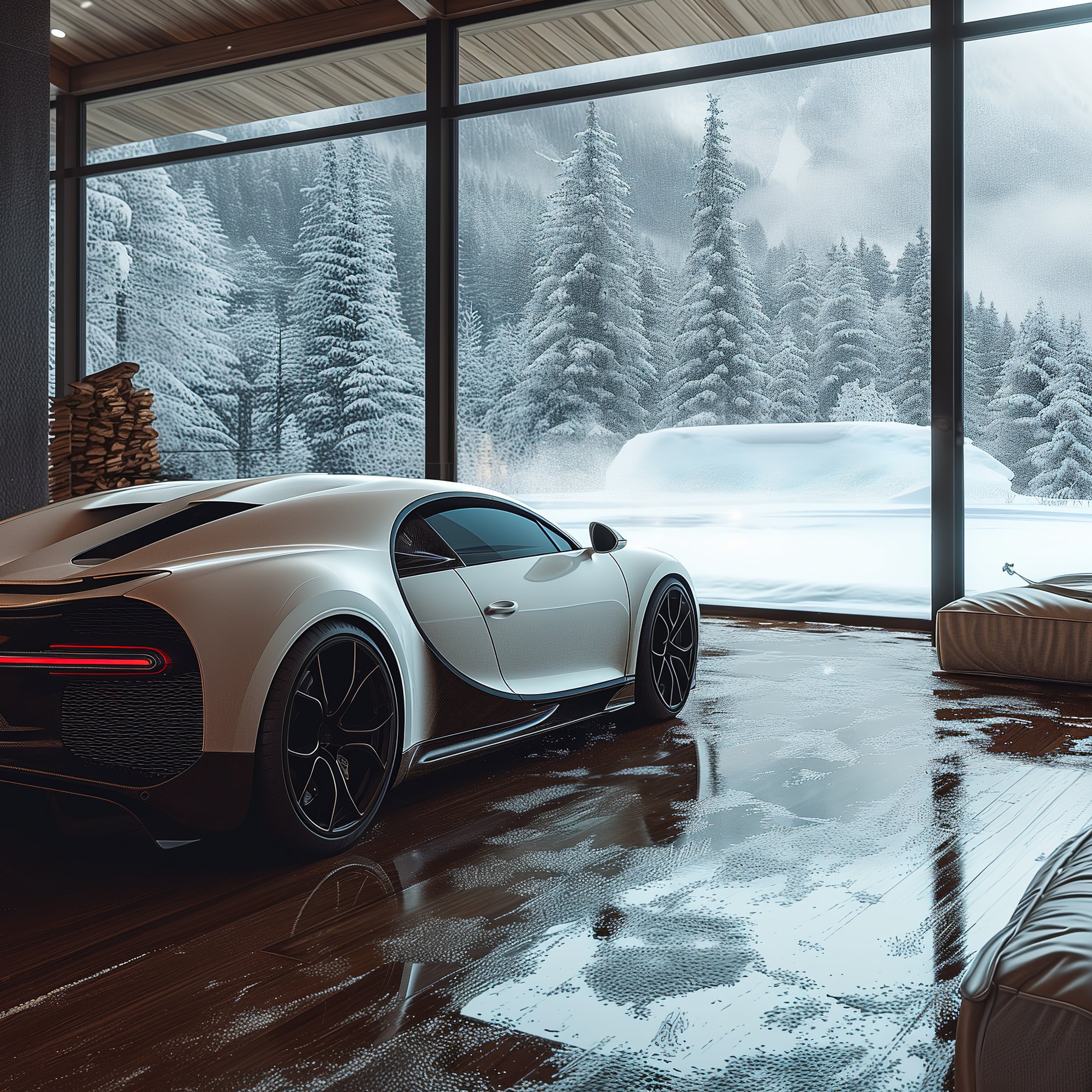 Bugatti Chiron and a cozy house with a fireplace - Wallpapers for iPad Pro 11″ in 2388x2388 resolution