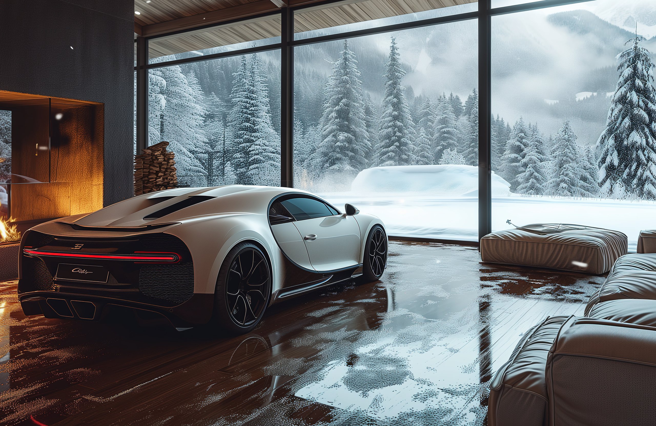 Bugatti Chiron and a cozy house with a fireplace - Wallpapers for Apple MacBook Air 13 M2″ in 2560x1664 resolution
