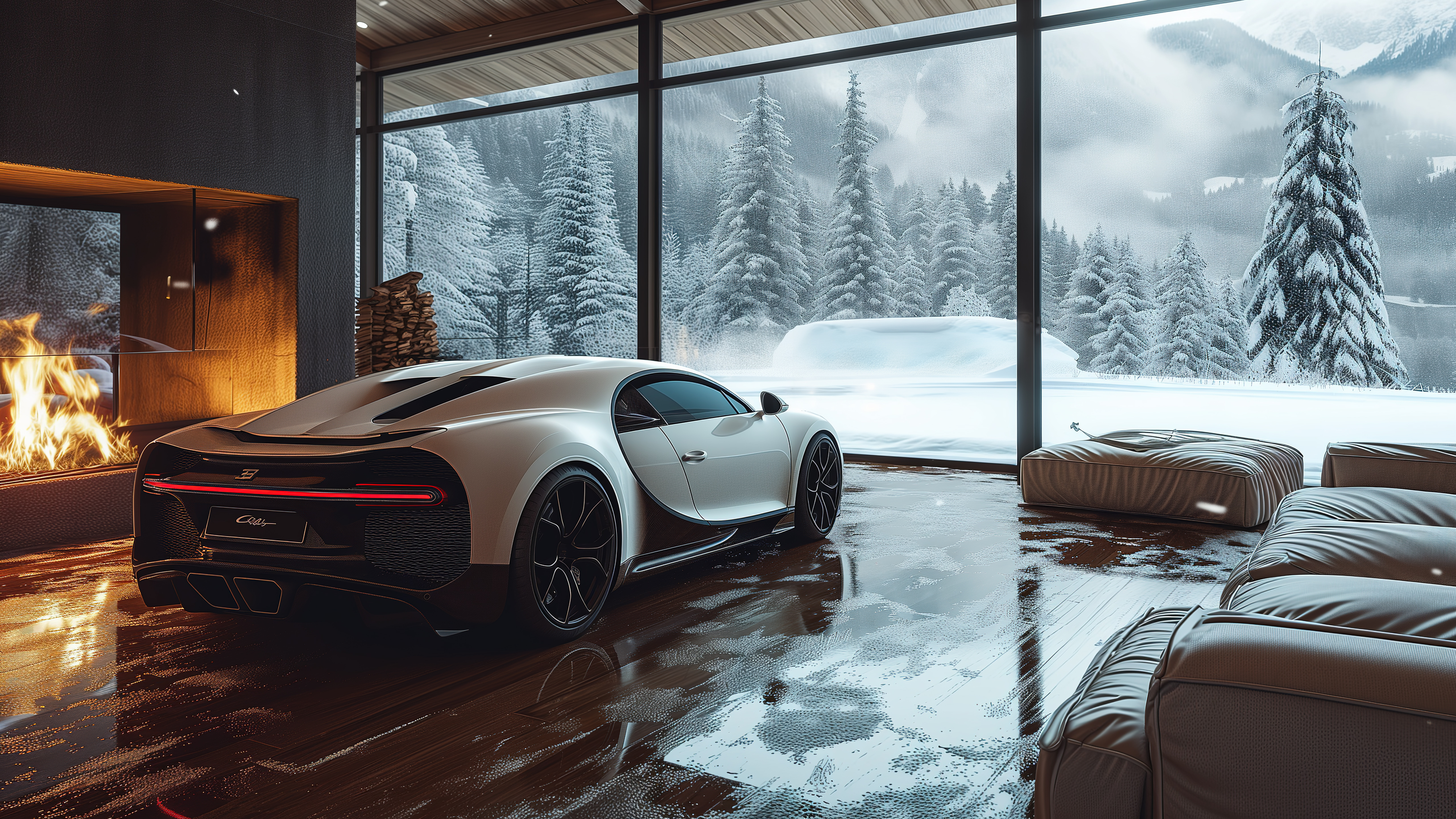 Bugatti Chiron и уютный дом с камином - 5K обои в разрешении 5120x2880