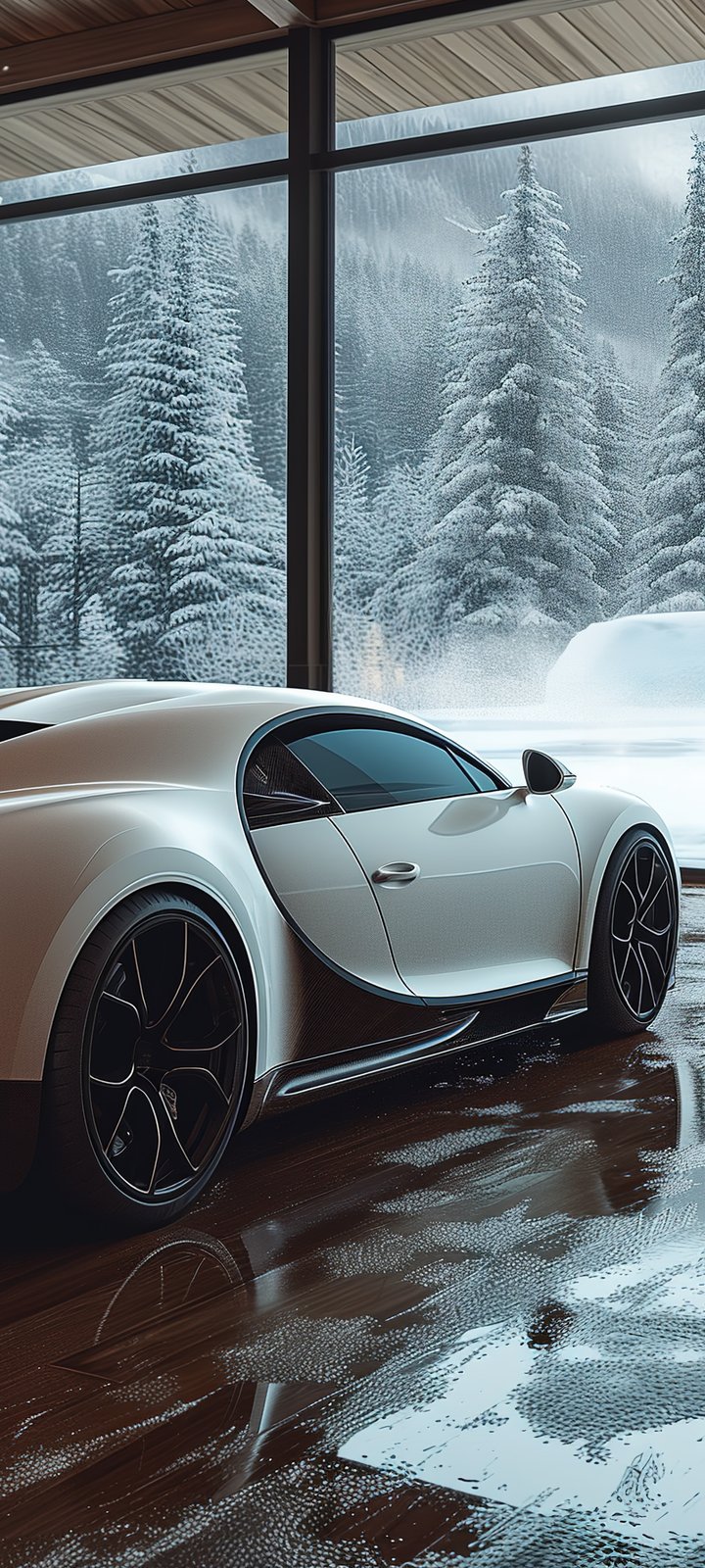 Bugatti Chiron and a cozy house with a fireplace - Wallpapers for Xiaomi Redmi 10C/C40/C51, Samsung Galaxy A12/A02s/A03/M12 in 720x1600 resolution