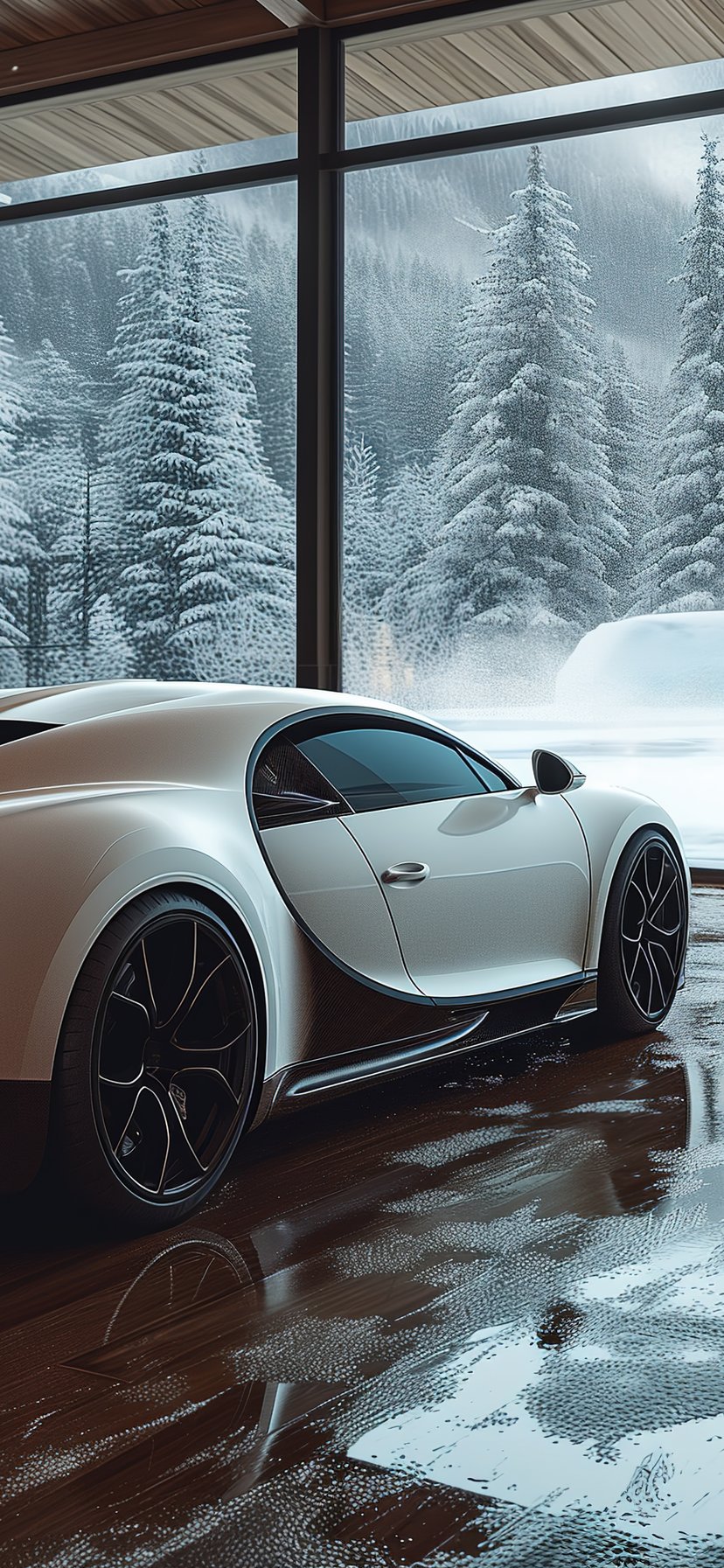 Bugatti Chiron and a cozy house with a fireplace - Wallpapers for iPhone 11/XR in 828x1792 resolution