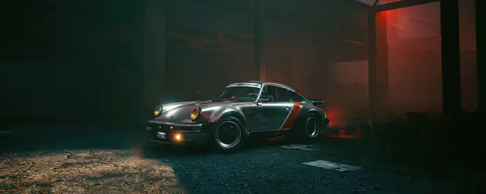 UltraWide 32:9 обои промышленность (3840x1080): Porsche 911, Джонни Сильверхенд, Cyberpunk 2077, ночь