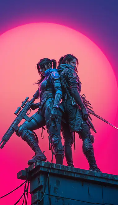 Wallpapers for iPhone 17 Pro/17/16 Pro (1206x2622): woman, cyberpunk, rooftop, sniper