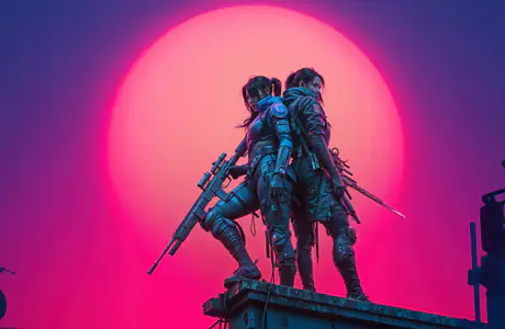 Wallpapers for MacBook Neo (2408x1506): woman, cyberpunk, rooftop, sniper