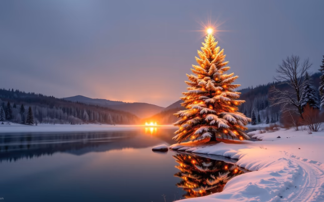 Winter Christmas tree glowing by the river — desktop and phone wallpaper, free download