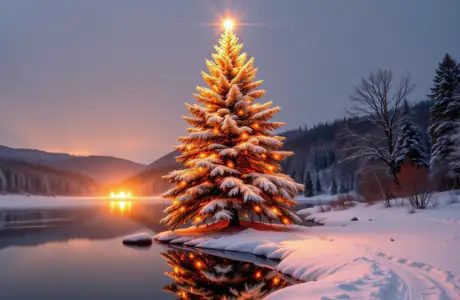Celebrations wallpapers: christmas tree, christmas decorations, river, snow