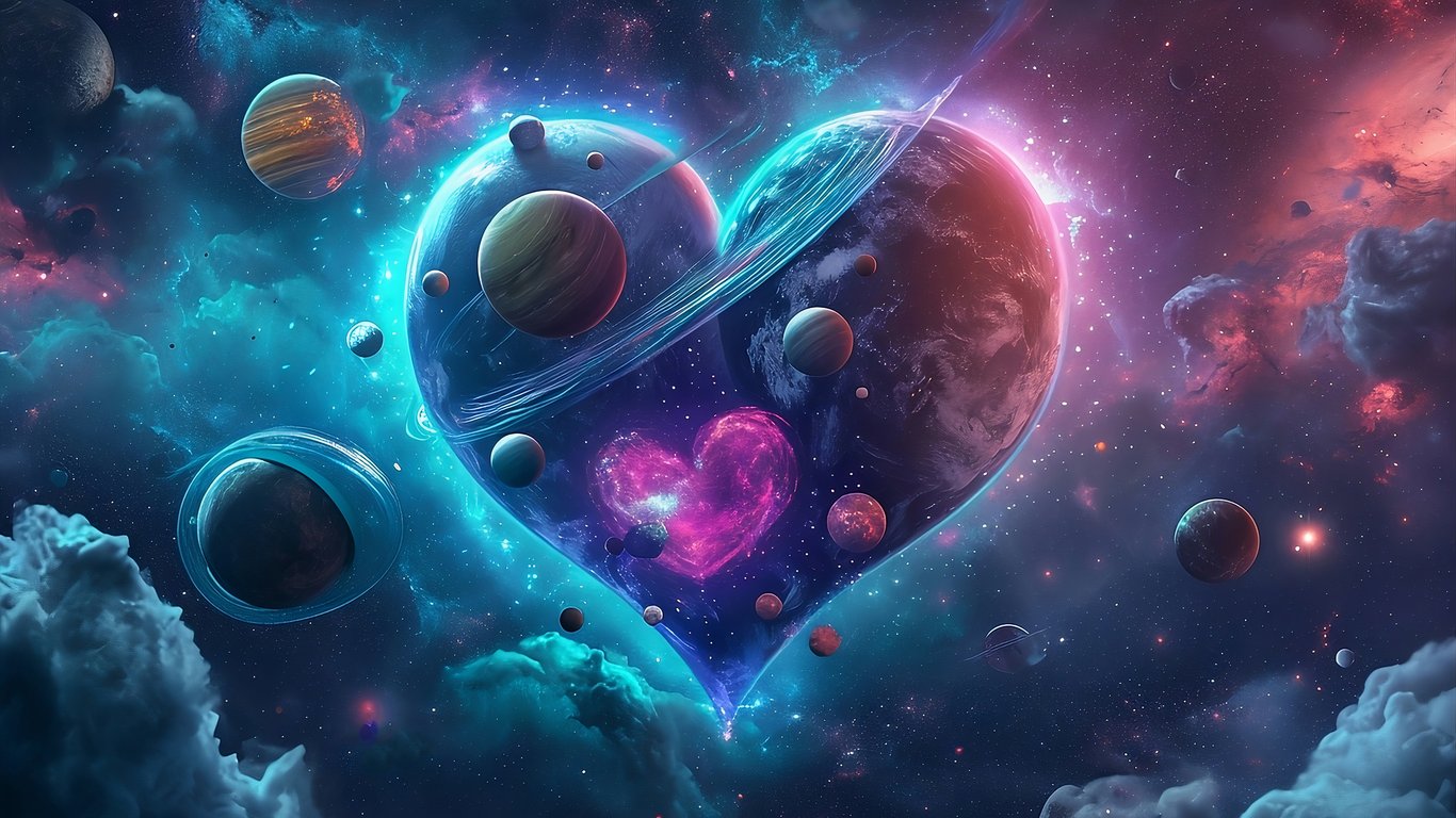 Космос в форме сердца с планетами - Обои для ноутбука WXGA в разрешении 1366x768