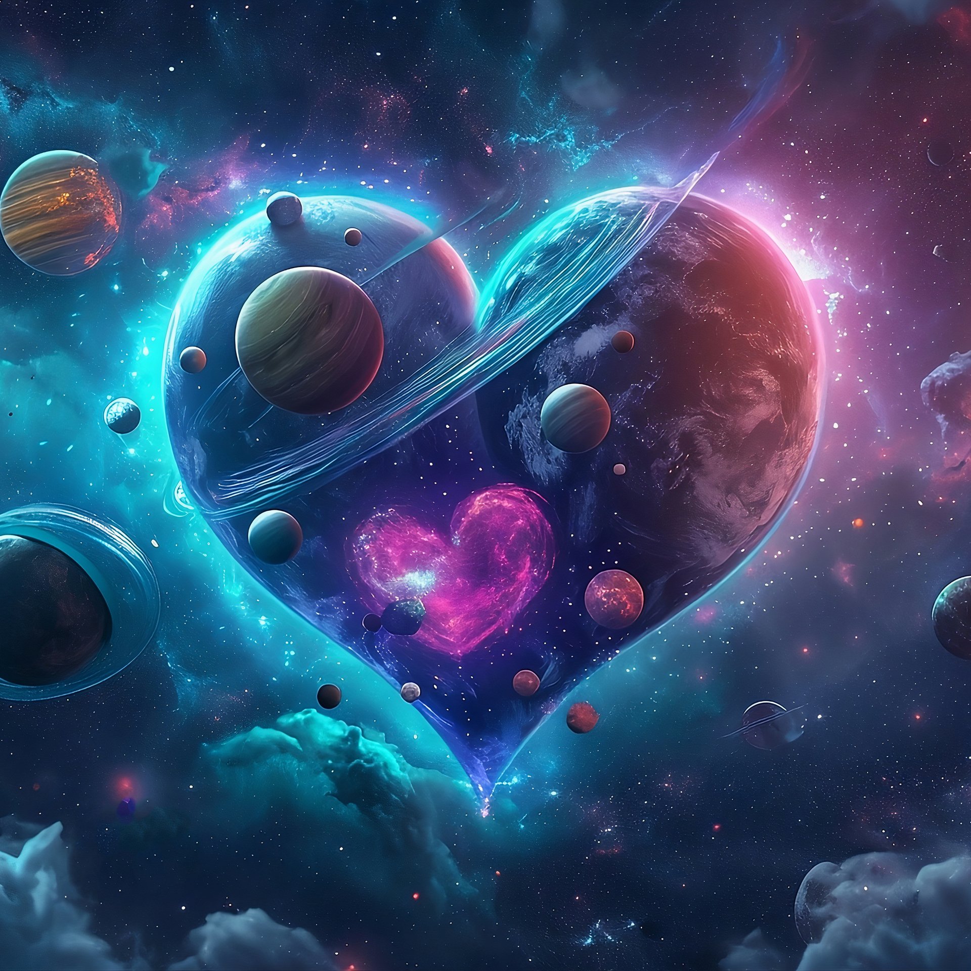 Heart-shaped cosmic space with orbiting planets - Wallpapers for Samsung Galaxy Tab in 1920x1920 resolution