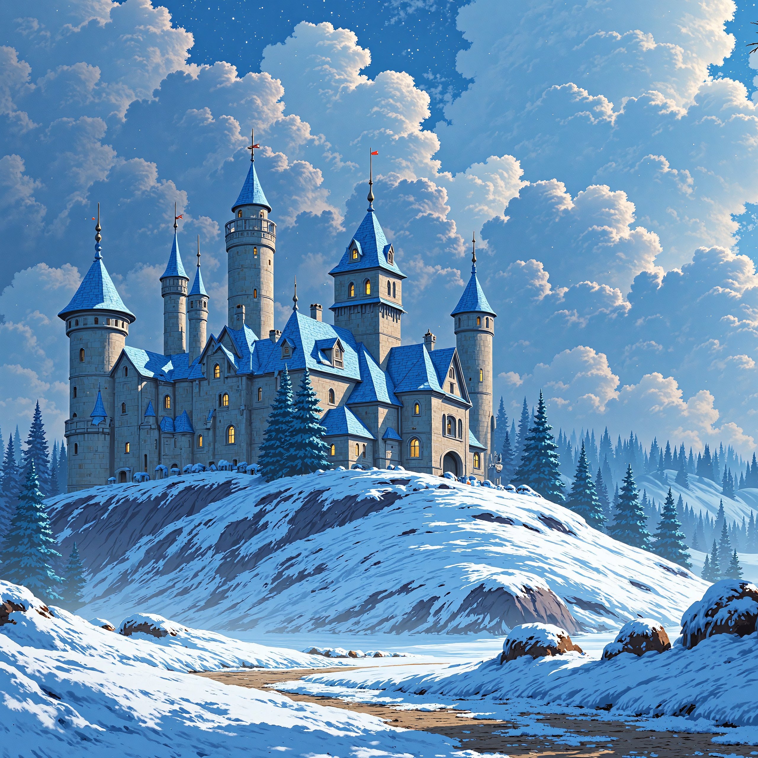 Snow-covered castle in winter forest landscape - Wallpapers for Samsung Galaxy Tab S9 FE+/Tab S11, Xiaomi Pad 5, Redmi Pad 2 Pro, POCO Pad in 2560x2560 resolution