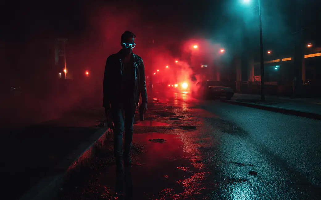 Fashionable man with luminous glasses at night — desktop and phone wallpaper, free download