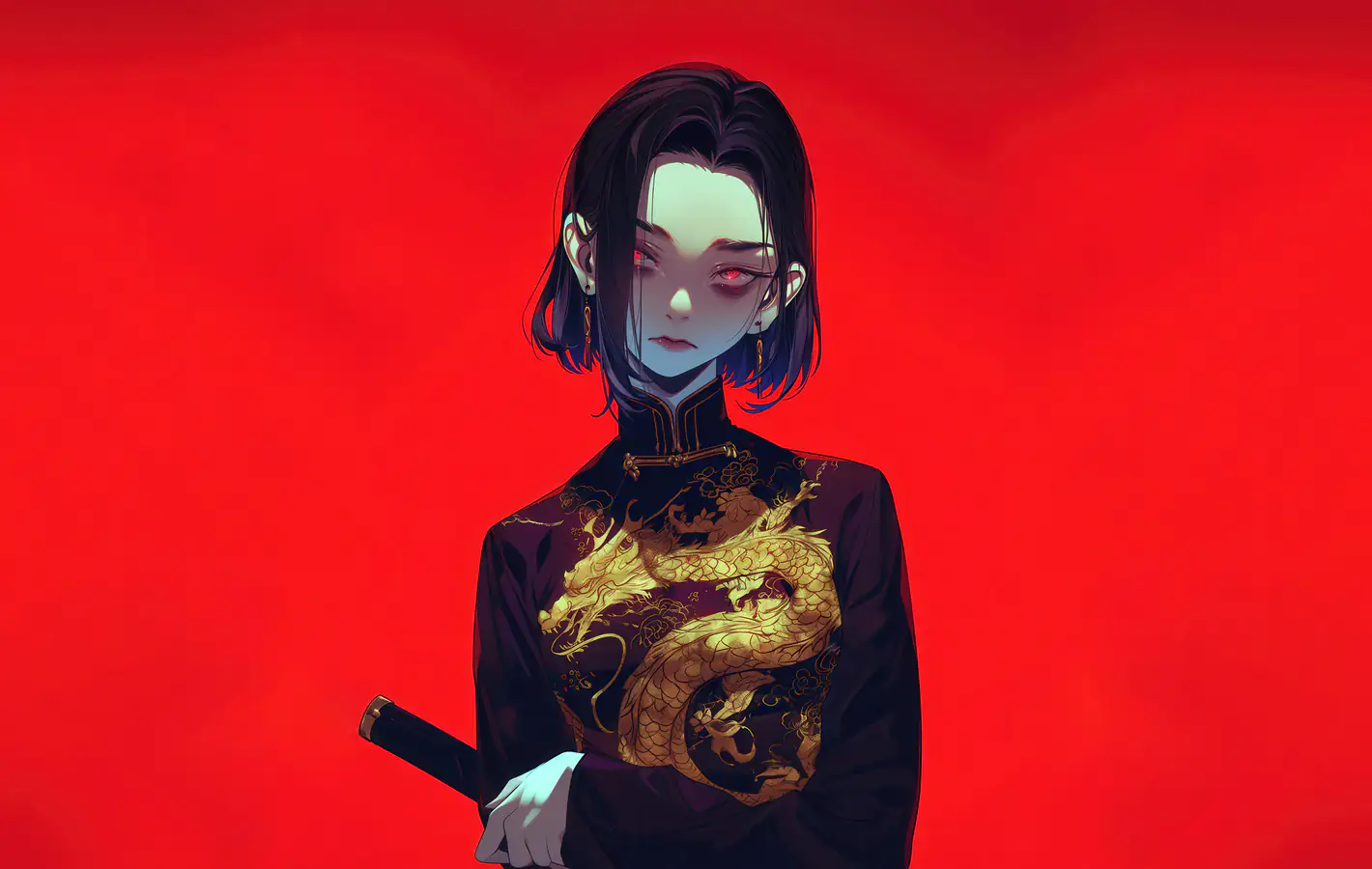Anime girl in a kimono with a golden dragon — desktop and phone wallpaper, free download