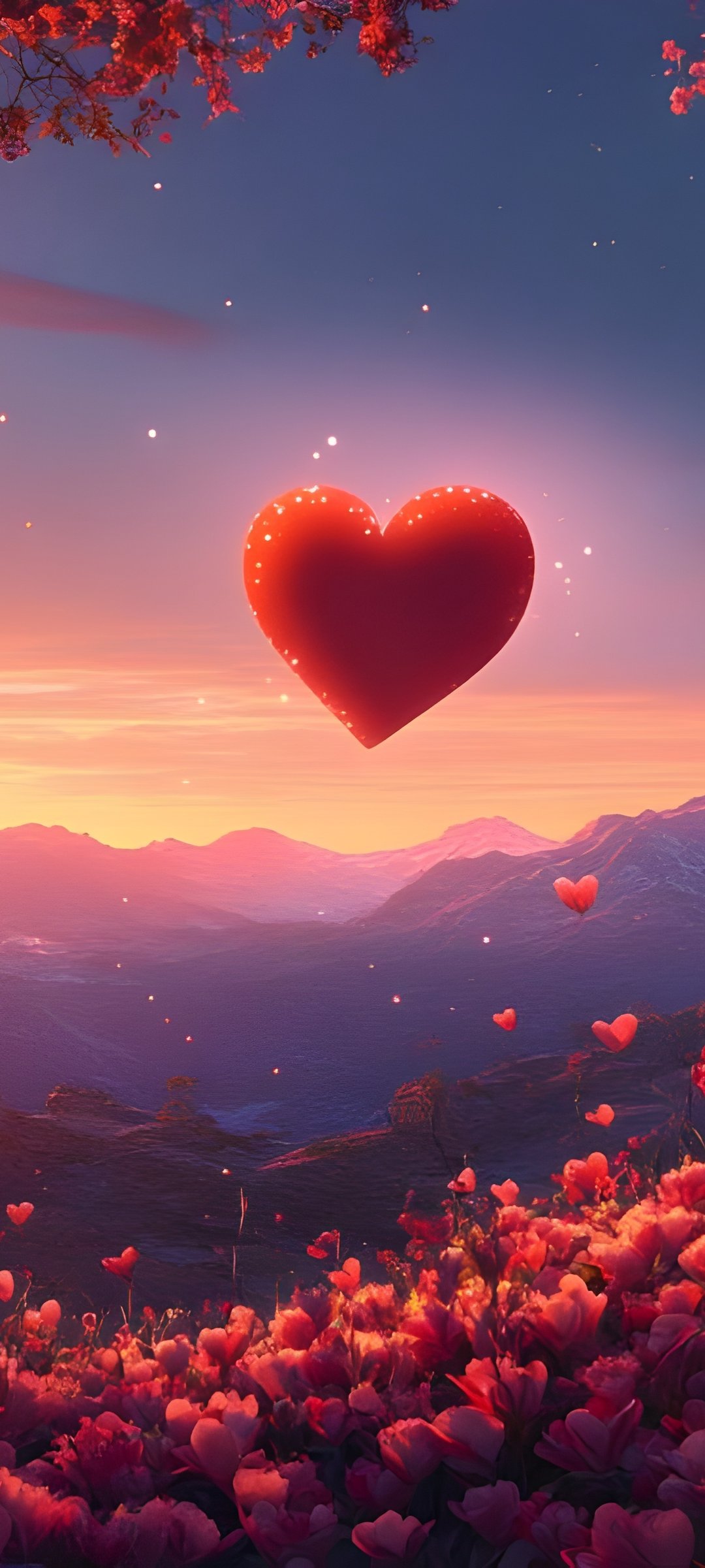 Red heart over a flower field - Wallpapers for Samsung Galaxy M55, POCO M4/X4/X5, Xiaomi Redmi 12/13/Note 13/Note 14/Note 14S in 1080x2400 resolution