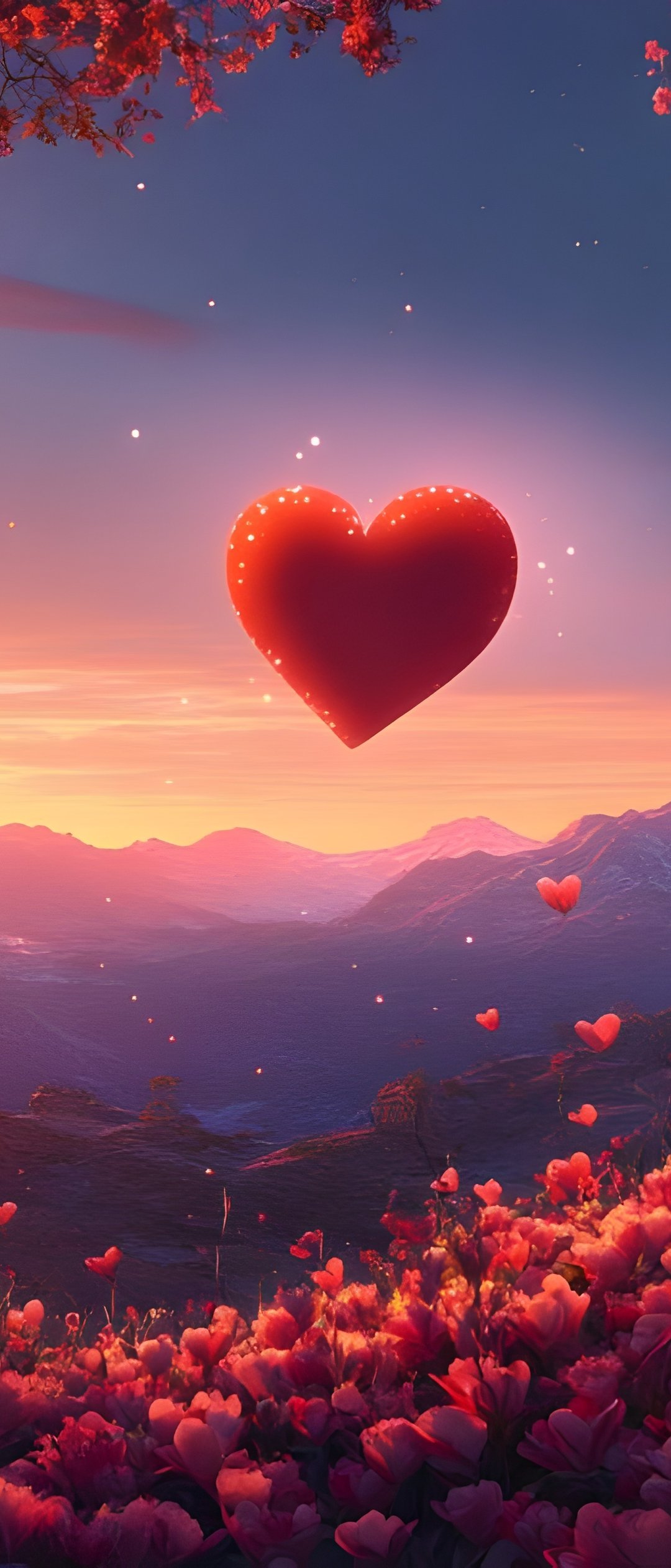 Red heart over a flower field - Wallpapers for Samsung Galaxy Z Flip7, Sony Xperia 5 II/5 III/5 V/10 IV/10 V, Xiaomi Mix Fold 3 in 1080x2520 resolution
